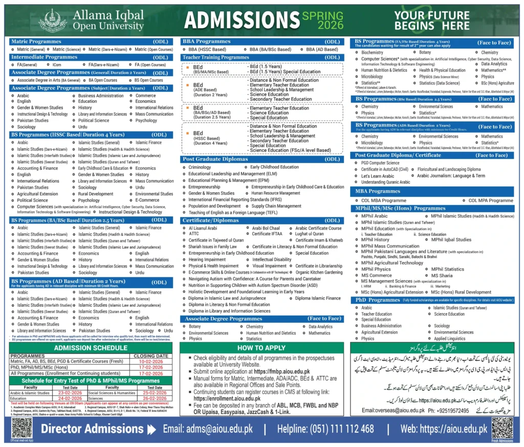 aiou admission 2026 advertisment